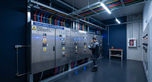 Sala eléctrica industrial con tableros de distribución y bandejas portacables