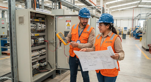 Ingenieros de SOKAPAR inspeccionando un tablero de distribución en baja tensión